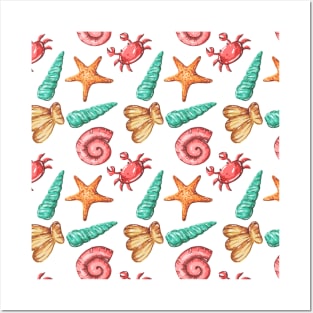 Cute Beach Nature with Coral Starfish and Crab Ocean Summer Gift Posters and Art